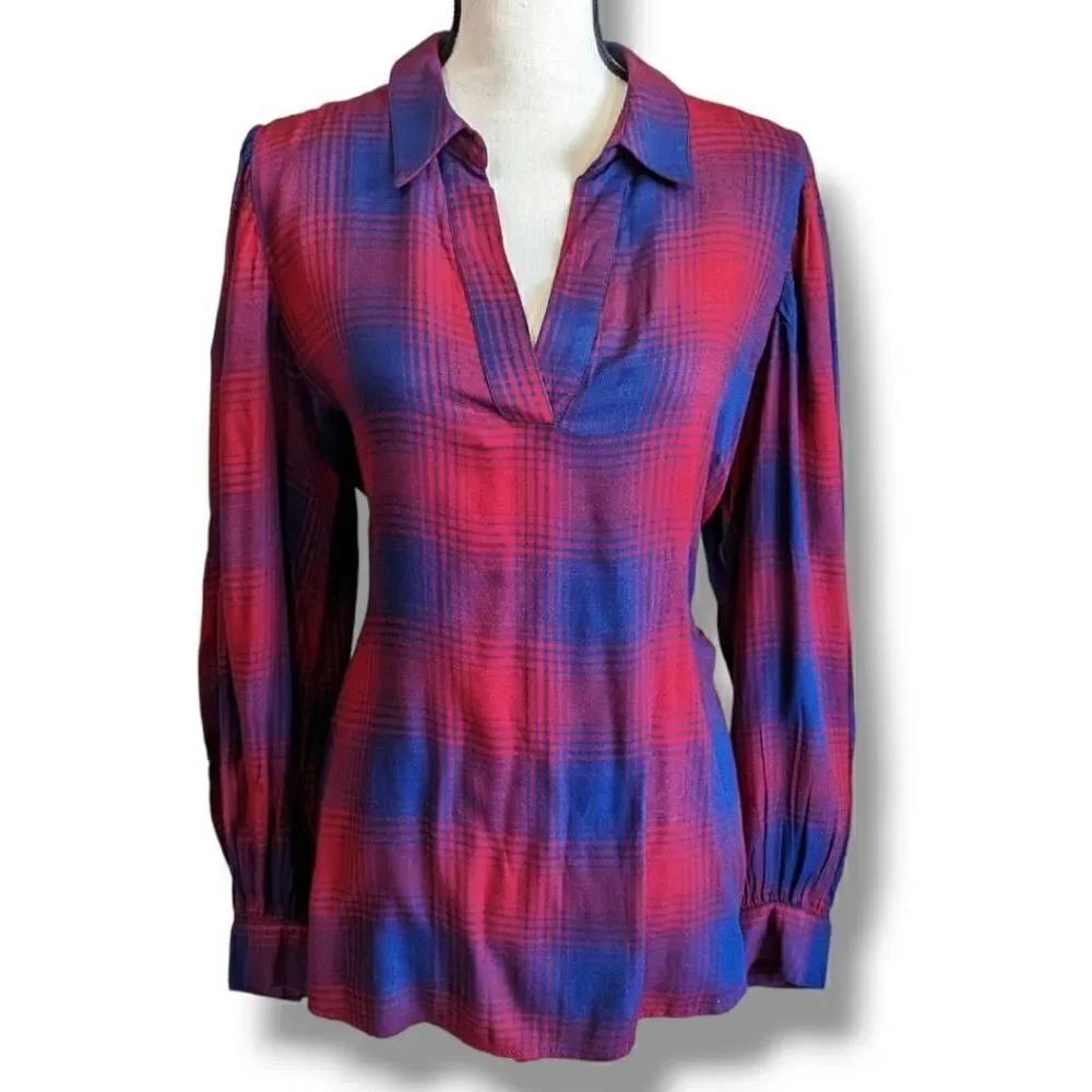 NWT Nine West Jeans Womens Blouse Long Sleeve V Neckline Burgundy Harmony Plaid